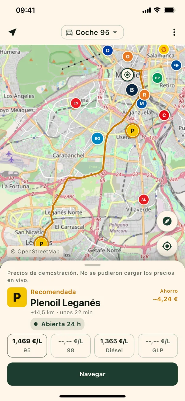 FuelSpot: map with the recommended petrol station, the saving and the Navigate button